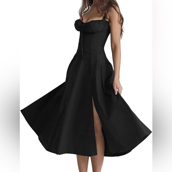 House of CB Carmen dress lookalike: midi sleeveless black dress with slit - Picture 2 of 9